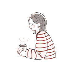 温かい飲み物でひと息ついている女性
