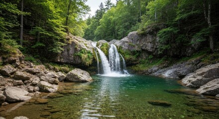 Fototapeta premium Forest waterfall cascading into a crystal-clear pool