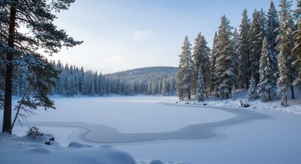 Frozen lake in a snowy forest at dawn