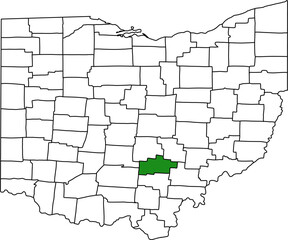 Obraz premium Detailed vector map of Ohio highlighting Hocking County, a scenic south-central territory located in the Appalachian Plateau, famous for the rugged terrain of Hocking Hills State Park.