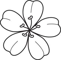 Fototapeta premium Simple five-petal flower outline illustration, botanical line art, black and white drawing, minimalist floral graphic, isolated on white