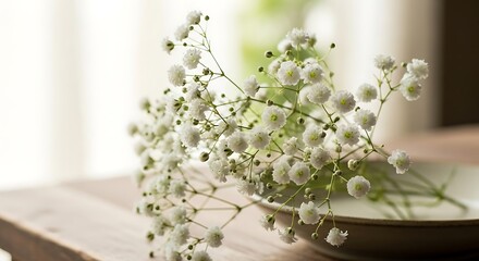 Delicate Babys Breath Flowers on a Plate with Closeup, Wooden Table, and Bright Light.