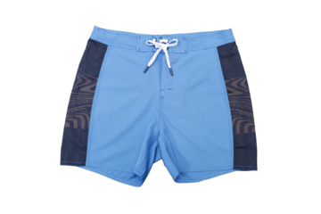 Men's swim shorts in sky blue with dark blue side panels and subtle wave pattern. Elastic waistband with adjustable white drawstring. Modern design and quick-dry fabric