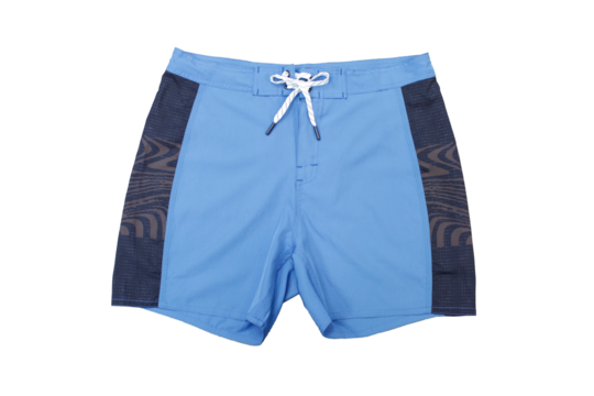 Men's swim shorts in sky blue with dark blue side panels and subtle wave pattern. Elastic waistband with adjustable white drawstring. Modern design and quick-dry fabric