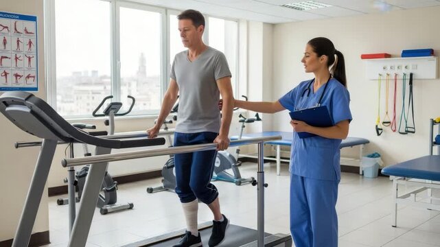 Man walking on a treadmill with a physical therapist in a rehabilitation center with exercise equipment
