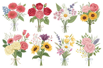 Flower Bouquets PNG Set – Realistic Floral Arrangements Isolated and Separated on Transparent Background