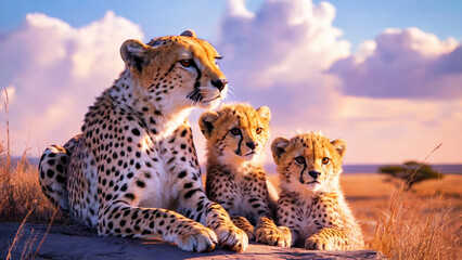 Cheetah Family in the Wild , Cheetah Mother and Cubs Resting in Savannah Sunset ,Beautiful Cheetah Family Wildlife Photography.