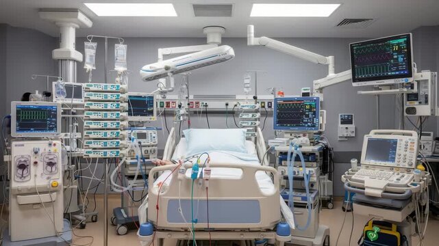 Modern intensive care unit with advanced medical equipment, showcasing healthcare technology and patient care in a hospital setting