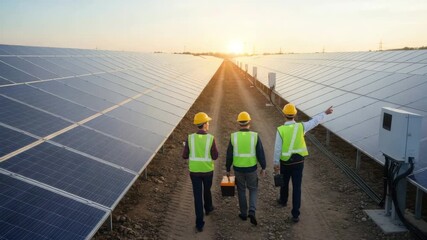 Engineers walking through solar panel farm at sunset, promoting renewable energy and sustainability - Powered by Adobe