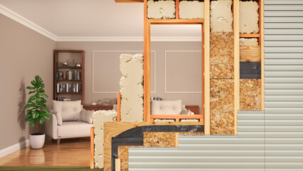 3D cross section of house wall showing interior and wall structure with insulation, wooden frame and drywall