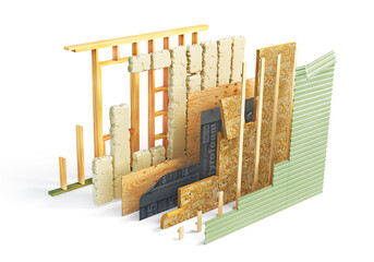 3D cross section of house wall with wooden frame, insulation and exterior cladding on white background