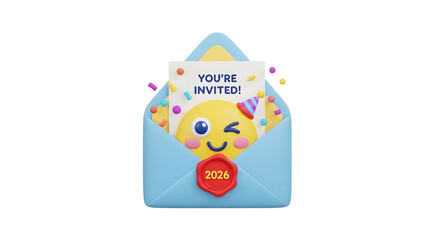 A 3D rendering shows an invitation popping out of a blue envelope. The invitation features a generic icon and the words You're Invited on a transparent background.