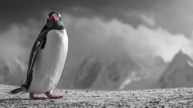 Penguin standing alone in monochrome landscape with cloudy sky