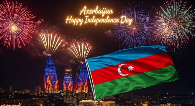 Azerbaijan Independence Day Celebration: Fireworks, Flag, and Flame Towers at Night. - Powered by Adobe