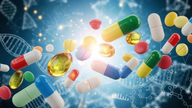 Various colorful pills and capsules floating in the air with dna strands in the background