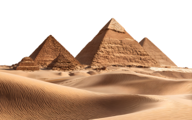 Iconic ancient Egyptian pyramids rise majestically from golden desert sands under a clear sky