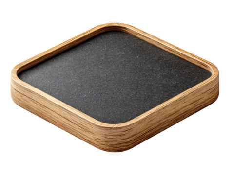 A striking square coaster with rounded corners, featuring a textured black/dark granite-like insert and a thick, high-quality light wood grain frame.