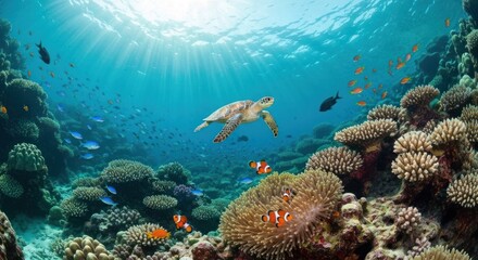 Naklejka premium Underwater coral reef teeming with marine life. Sunlight streams down, illuminating a sea turtle and vibrant fish amongst diverse coral formations