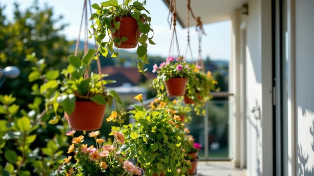 Balcony Garden Oasis: A vibrant balcony bursts with life, adorned with a series of colorful hanging baskets brimming with flourishing plants and flowers.