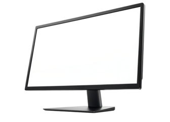 A modern black computer monitor with a blank white screen isolated on a black background view from the side