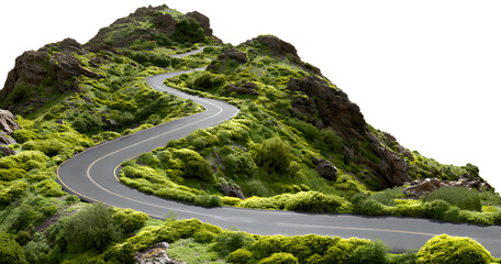 Winding mountain road through vibrant green landscape inviting exploration and adventure on scenic drives