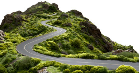 Winding mountain road through vibrant green landscape inviting exploration and adventure on scenic drives