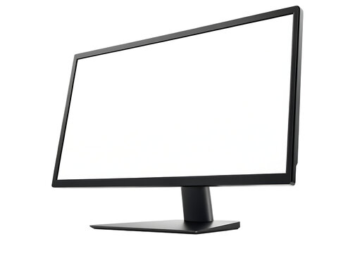 A modern black computer monitor with a blank white screen isolated on a black background view from the side