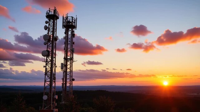 Telecommunication Towers at Sunset: The imposing silhouettes of communication towers, adorned with an array of antennas and dishes, stand tall against a dramatic sunset backdrop.