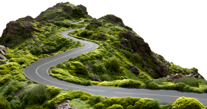 Winding mountain road through vibrant green landscape inviting exploration and adventure on scenic drives