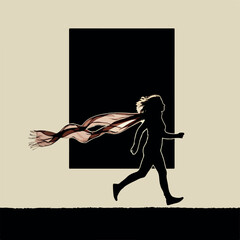 Dynamic silhouette of a person running with a long flowing scarf.