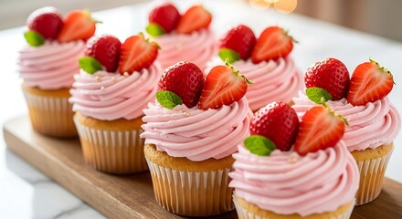 Delicious Strawberry Cupcakes Sweet Treats for Celebration on a Wooden Board.
