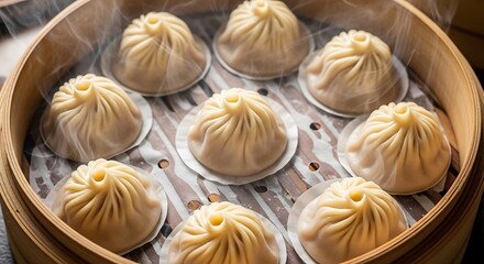 Delicious Steaming Soup Dumplings Xiao Long Bao in Bamboo Steamer with CloseUp.