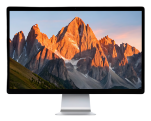 Computer monitor displaying a scenic mountain range with snow and a clear sky background image view