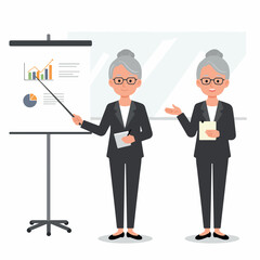 Senior businesswoman character set giving a presentation with charts.