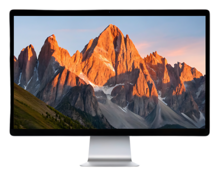 Computer monitor displaying a scenic mountain range with snow and a clear sky background image view