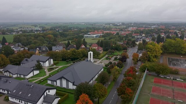 Aerial Freiberg Germany LDS Temple side. The Church of Jesus Christ of Latter-day Saints, LDS or Mormon religion. Urban rural neighborhood. Christian religious groups, Europe.