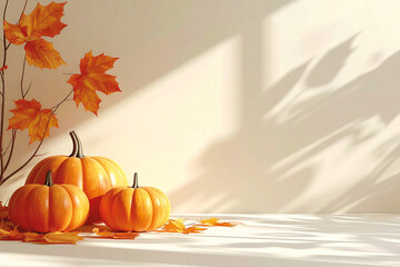 Minimal autumn composition with pumpkins, golden leaves, and soft sunlight casting gentle shadows on a beige wall &mdash; warm seasonal atmosphere.