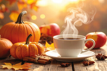 Autumn still life with pumpkins, apples, and a steaming cup of coffee illuminated by sunset light &mdash; warm and inviting mood.