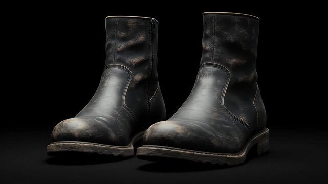 Distressed black leather biker boots presented on a dark background.