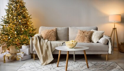Winter Holiday Movie Night. Cozy Couch with Throw Blanket and Pillows, Bowl of Popcorn, Christmas Tree and Gift Boxes with Presents. Christmas Holiday To Do List. Warm Golden Colors.