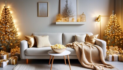 Winter Holiday Movie Night. Cozy Couch with Throw Blanket and Pillows, Bowl of Popcorn, Christmas Tree and Gift Boxes with Presents. Christmas Holiday To Do List. Warm Golden Colors.
