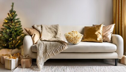 Winter Holiday Movie Night. Cozy Couch with Throw Blanket and Pillows, Bowl of Popcorn, Christmas Tree and Gift Boxes with Presents. Christmas Holiday To Do List. Warm Golden Colors.