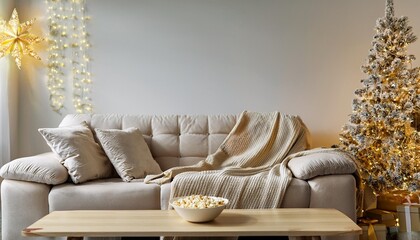 Winter Holiday Movie Night. Cozy Couch with Throw Blanket and Pillows, Bowl of Popcorn, Christmas Tree and Gift Boxes with Presents. Christmas Holiday To Do List. Warm Golden Colors.