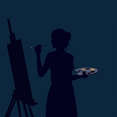 Silhouette of a female artist painting on a canvas with a palette and brush.
