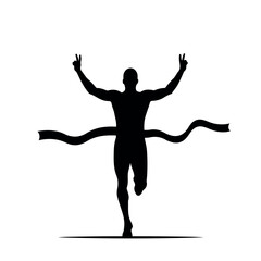 Silhouette of a male runner celebrating victory at the finish line.