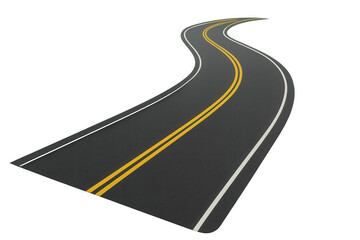 Winding asphalt road with double yellow lines, depicting travel, journey, opportunity, and new beginnings on transparent background