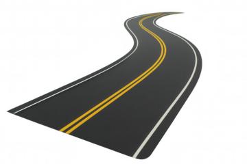 Winding asphalt road with double yellow lines, depicting travel, journey, opportunity, and new beginnings on transparent background