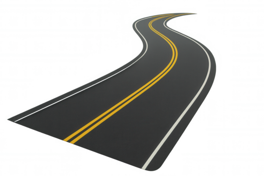 Winding asphalt road with double yellow lines, depicting travel, journey, opportunity, and new beginnings on transparent background
