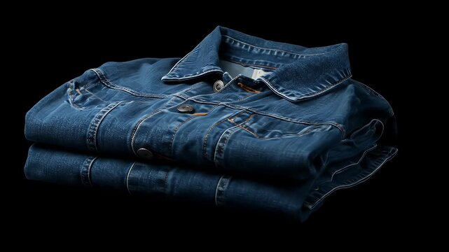 Stacked blue denim jackets with pockets and collars lie on a black surface.
