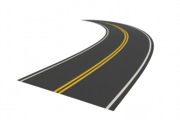 Winding asphalt road with double yellow lines on transparent background, symbolizing journey, travel, and future path